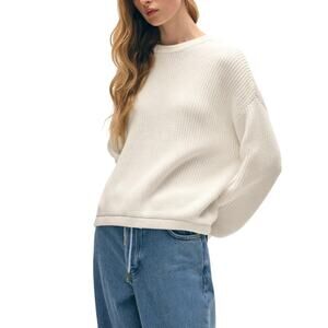 White And Warren White Organic Cotton Ribbed Crewneck Sweater Size M